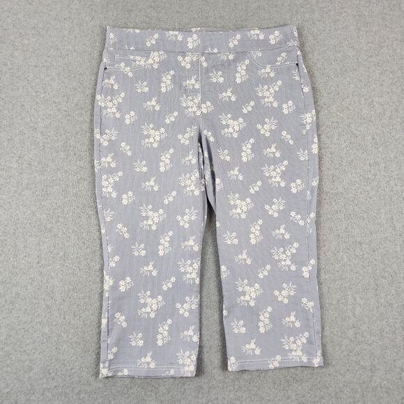 Kim Rogers Capri Pants Womens Size 12 Blue White Stripe Floral TINY FLAW - Picture 1 of 13